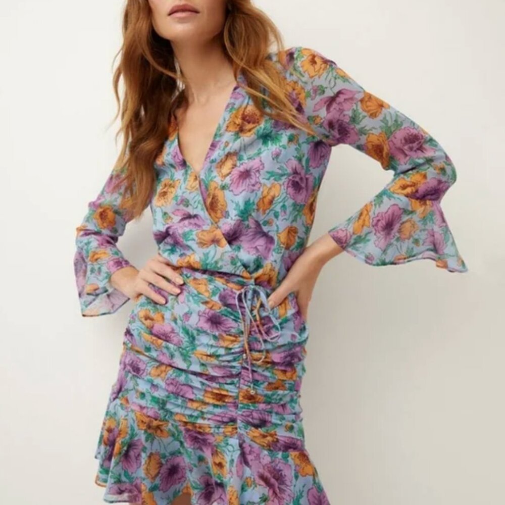Veronica Beard NEW Sean Silk Floral Ruched Flared Hem Chiffon Mini Dress sz 4